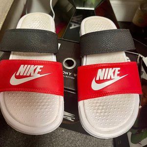 red/black nike slides
